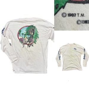 1980s Novelty Pinup Girl Peacock Chair T Shirt Long Sleeve / Women’s Large *